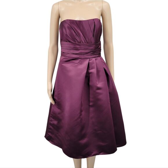 Bill Levkoff Satin Burgundy Strapless A-line Formal Evening Bridesmaid Dress - Picture 1 of 11